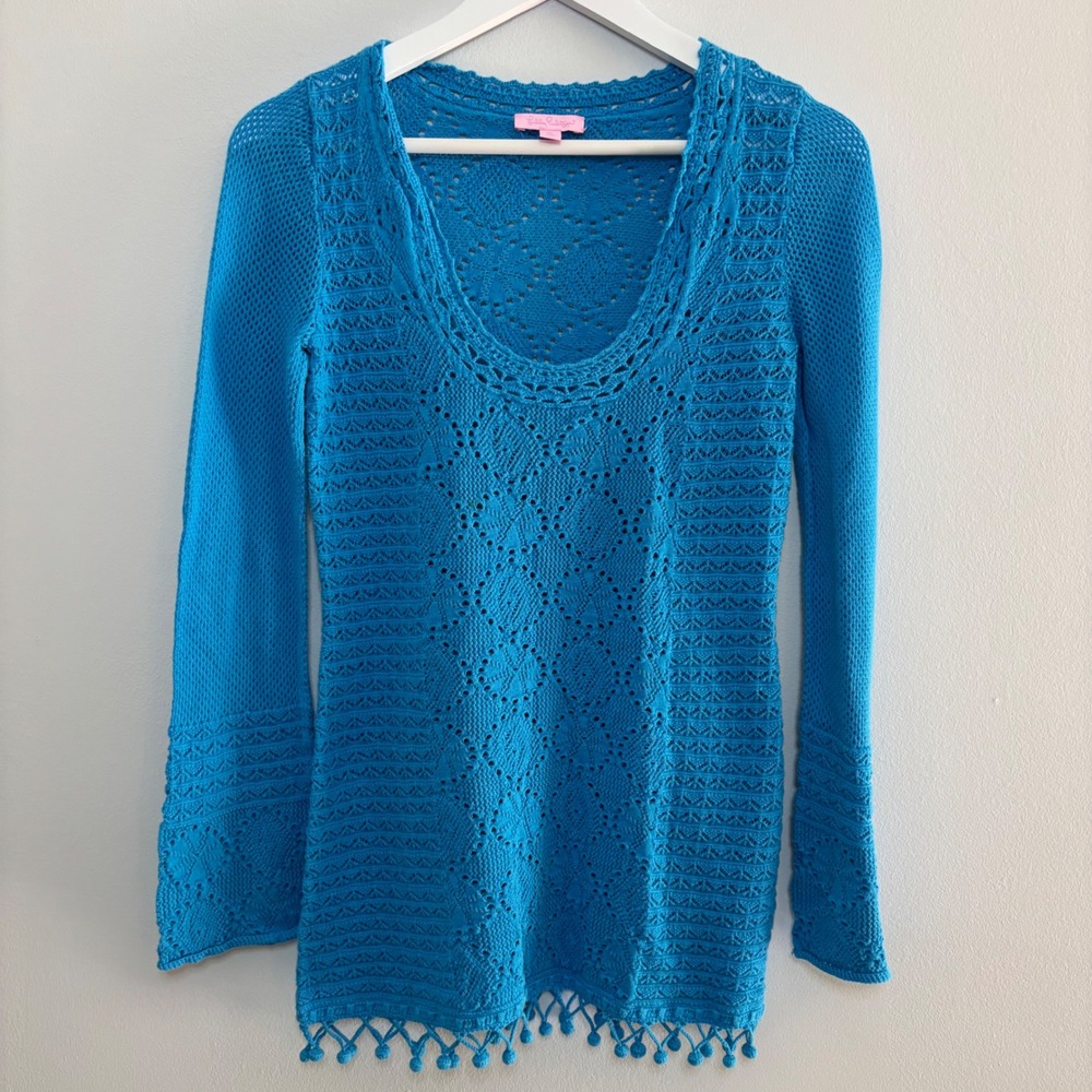 Lilly Pulitzer Athena Tunic Sweater Open Knit Crochet Pompom Trim Bell Sleeve M
